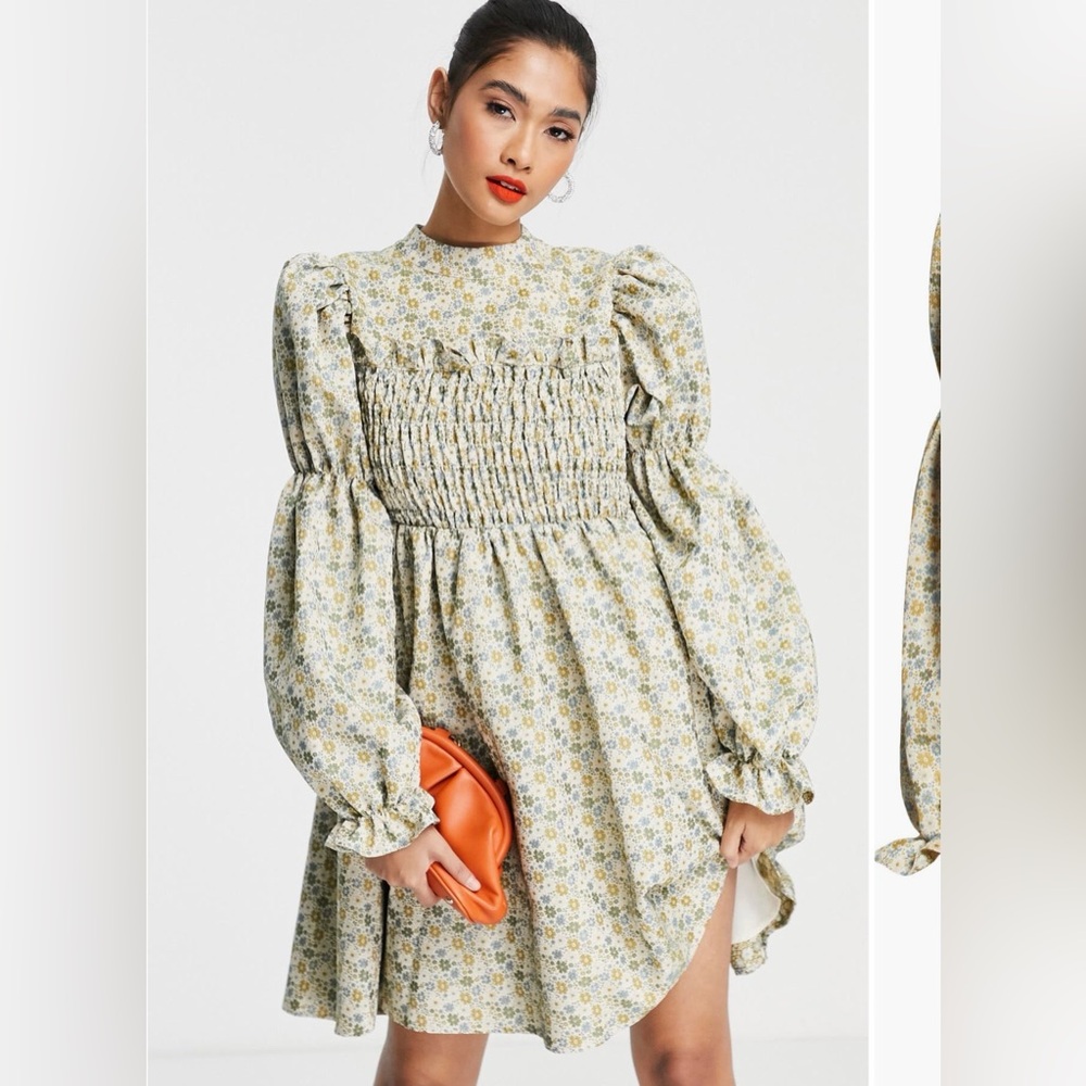 ASOS Long Sleeve Floral Dress - Cream and Green